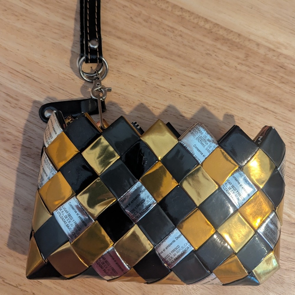 Nahui Ollin Woven Candy Wrapper Wristlet Clutch Bag Gold Black Silver Recycled